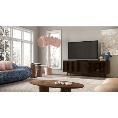 Furnitech Sophia 75" Mid-Century Modern Solid Pine Tvconsole/Sideboard With Slatted Doors In A Walnut Finish - lifestyle
