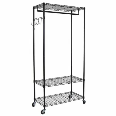 Garment Rack with Adjustable Shelves with Hooks - Black - Angled