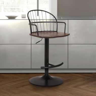 Armen Living Walnut Glazed Barstool in Black Powder Coated Finish