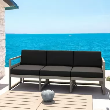 Mykonos Patio Sofa Taupe with Sunbrella Canvas Charcoal Cushion - Lifestyle 