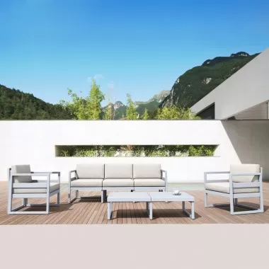  Compamia Mykonos Patio Sofa Silver with Sunbrella Natural Cushion - Lifestyle 2