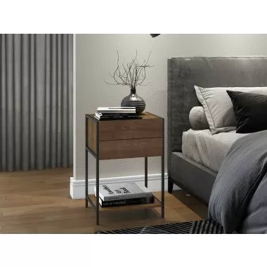 Casabianca CLARK Nightstand In Walnut Melamine With Black Painted Metal Frame - Lifestyle
