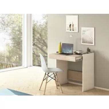 Lulu Office Desk In White And Light Oak Wood Grain Melamine - Lifestyle