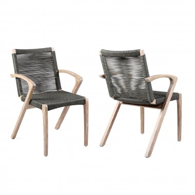 Brielle Outdoor Patio Eucalyptus Wood Dining Chairs in Dark Finish with Charcoal Rope - Set of 2