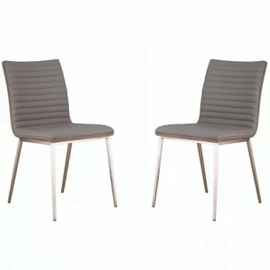 Armen Living Café Brushed Stainless Steel Dining Chair in Gray Faux Leather with Walnut Back - Set of 2 - Angled