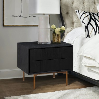 Armen Living Carnaby 2 Drawer Nightstand in Black Brushed Oak and Bronze