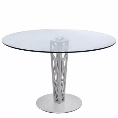 Crystal 48" Round Dining Table in Gray Walnut Veneer Column and Brushed Stainless Steel finish with Clear Tempered Glass Top