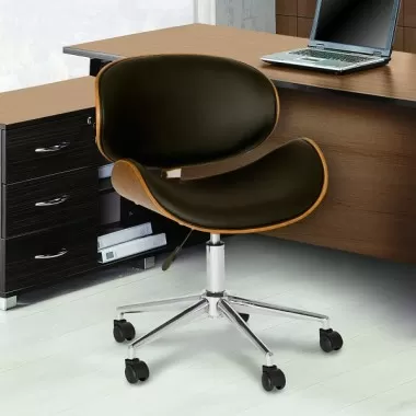 Armen Living Daphne Modern Office Chair In Chrome Finish With Gray/Black Faux Leather And Walnut Veneer Back