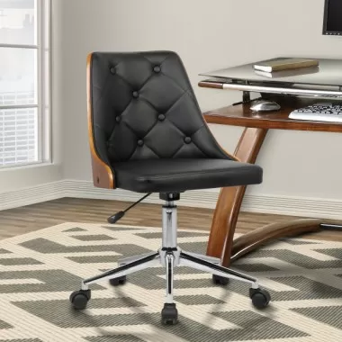 Armen Living Diamond Mid-Century Office Chair In Chrome finish With Tufted Black Faux Leather And Walnut Veneer Back