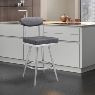 Evan Contemporary 26" Counter Height Barstool in Brushed Stainless Steel Finish and Vintage Grey Faux Leather