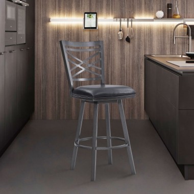 Armen Living Fargo Counter Height Metal Barstool in Mineral Finish with Black Faux Leather