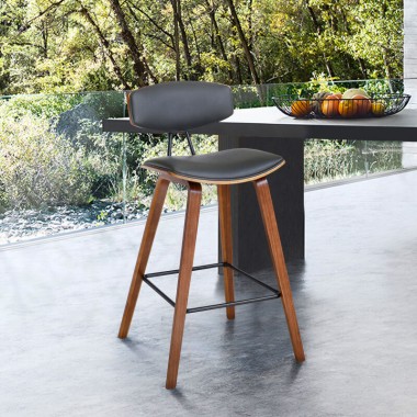 Armen Living Fox 28.5" Bar Height Gray Faux Leather and Walnut Wood Mid-Century Modern Bar Stool
