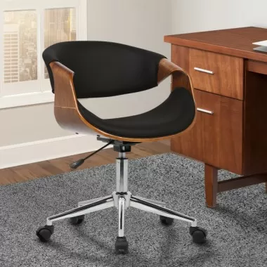 Geneva Mid-Century Office Chair in Chrome finish with Black Faux Leather and Walnut Veneer Arms