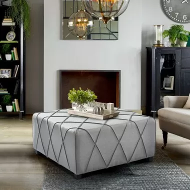 Armen Living Gemini Contemporary Ottoman in Silver Linen with Piping Accents and Wood Legs Lifestyle