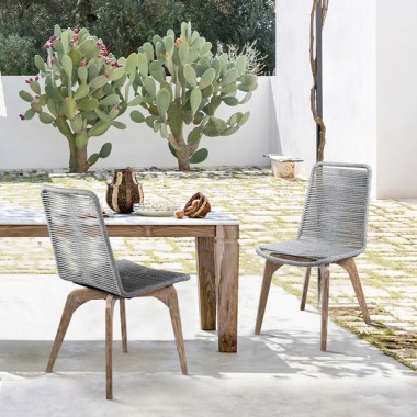 Armen Living Island Outdoor Light Eucalyptus Wood And Grey Rope Dining Chairs