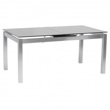 Armen Living Ivan Extension Dining Table in Brushed Stainless Steel and Gray Tempered Glass Top - Angled
