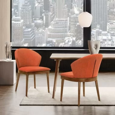 Armen Living Juno Orange Fabric and Walnut Wood Dining Side Chairs