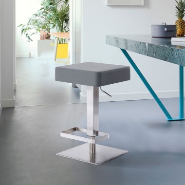 Armen Living Kaylee Adjustable Height Swivel Grey Faux Leather and Brushed Stainless Steel Backless Bar Stool
