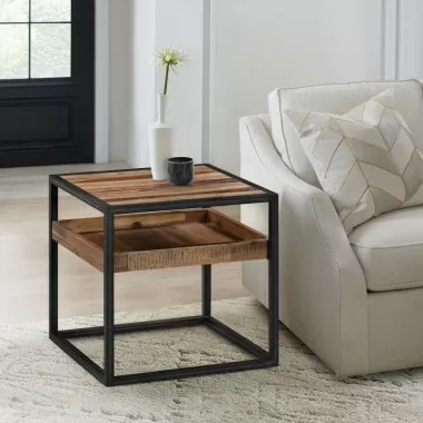 Armen Living Ludgate Square End Table with Shelf in Acacia and Black Metal