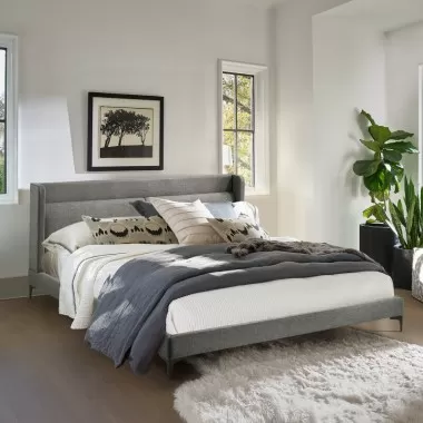 Armen Living Legend Gray Fabric Platform Bed with Black Metal Legs