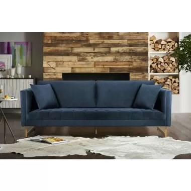 Lenox Blue Velvet Modern Sofa with Brass Legs