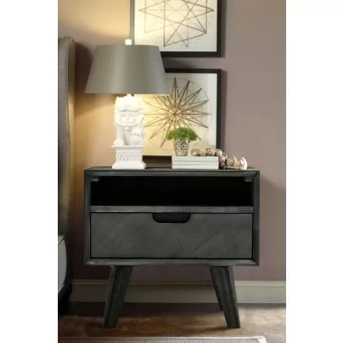 Armen Living Mohave Mid-Century Tundra Gray Acacia Single Drawer Night Stand 