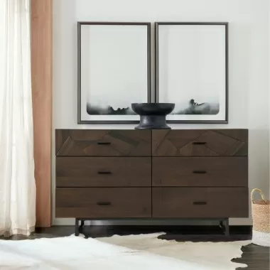Armen Living Marquis 6 Drawer Oak Wood Dresser with Black Metal Legs