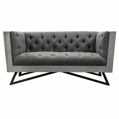 Armen Living Regis Contemporary Loveseat in Grey Fabric with Black Metal Finish Legs and Antique Brown Nailhead Accents