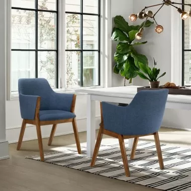 Armen Living Renzo Blue Fabric and Walnut Wood Dining Side Chairs