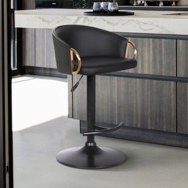 Armen Living Solstice Adjustable Black Faux Leather Swivel Barrstool With Black Powder Coated Finish and Gold Accents