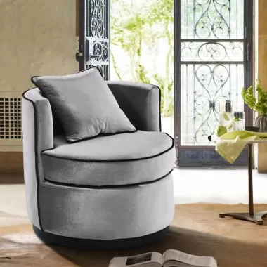 Armen Living Truly Contemporary Swivel Chair In Gray Velvet And Black Velvet Piping