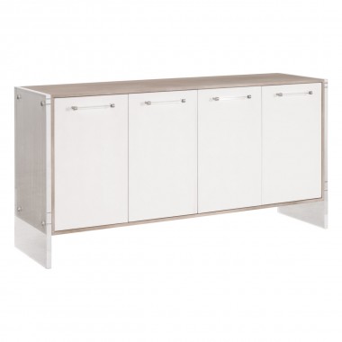 Essentials For Living Lorin Shagreen Media Sideboard - Pearl Shagreen, Natural Gray Acacia, Lucite, Brushed Silver - Front Side Angle