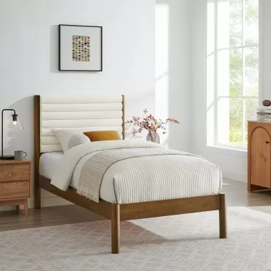 Modway Olea Channel Tufted Boucle Solid Wood Twin Platform Bed Walnut