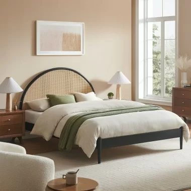 Modway Odette Queen Arched Rattan Cane Platform Bed Black