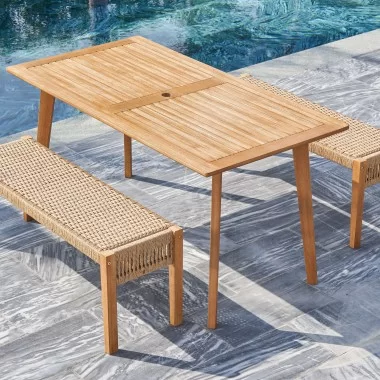 Vifah Chesapeake 3-Piece Patio Acacia Wooden Mixed Strapped Rattan Dining Set with 3-Seater Benches, Top Angle