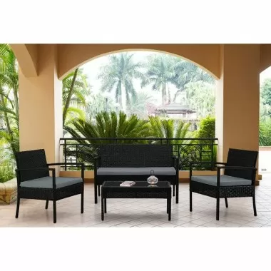 Manhattan Comfort Noli Steel Rattan 4-Piece Patio Conversation Set with Cushions in Grey