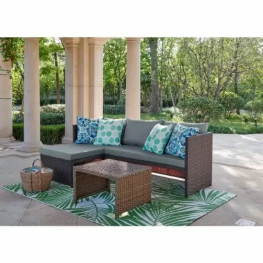 Manhattan Comfort Menton Steel Rattan 2-Piece Chair Lounge and 2 Seater with Coffee Table Patio Set in Grey