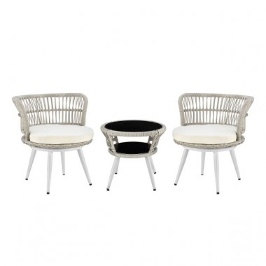 Manhattan Comfort Monaco Rope Wicker 3-Piece Patio Conversation Set with Cushions in Cream