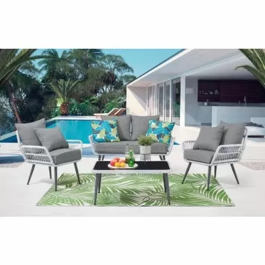 Manhattan Comfort Portofino Rope Wicker 4-Piece Patio Conversation Set with Cushions in Grey Loveseat