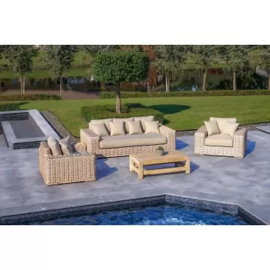 Outsy Anna Lux 4-Piece Outdoor Extra Deep Seating Wicker Aluminum Frame Furniture Set with Wood Coffee Table in White and Grey - Lifestyle