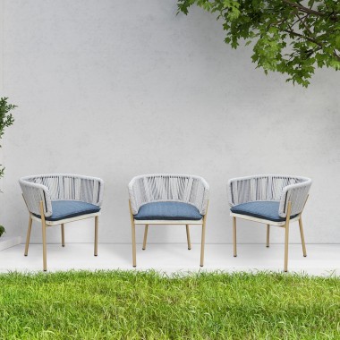 Outsy Melina Outdoor Wood, Aluminum and Rope Dining Chair In Milk and Coffee Legs - Top Angled Lifestyle
