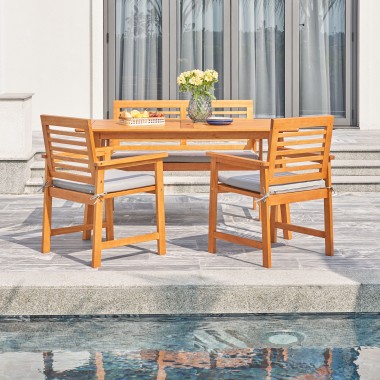 Vifah Waimea Honey 4-Piece Slatted Eucalyptus Wood Patio Dining Set with Bench and Cushion, Front Angle