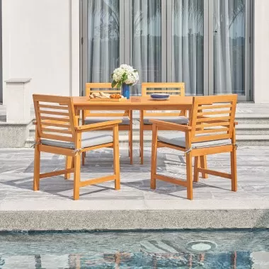 Vifah Waimea Honey 5-Piece Slatted Eucalyptus Wood Patio Dining Set with Cushion, Front View