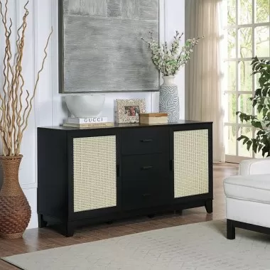 Manhattan Comfort Sheridan 59.05 Modern Cane Sideboard with Adjustable Shelves Black