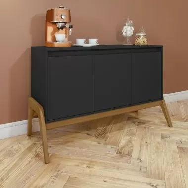 Manhattan Comfort Mid-Century Modern Gales 48.50 Sideboard with Solid Wood Legs In Matte Black Room
