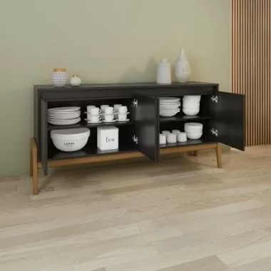 Manhattan Comfort Mid-Century Modern Gales 63.32 Sideboard with Solid Wood Legs in Matte Black Kitchen