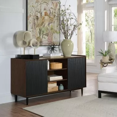 Manhattan Comfort Duane 59.05 Modern Ribbed Sideboard with Adjustable Shelves in Dark Brown And Black
