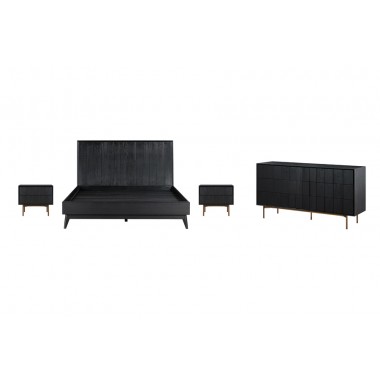 Armen Living Carnaby King 4 Piece Bedroom Set in Black Brushed Oak Wood Set