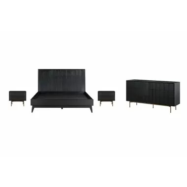 Armen Living Carnaby King 4 Piece Bedroom Set in Black Brushed Oak Wood Set