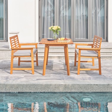 Vifah Waimea Honey 3-Piece Slatted Eucalyptus Wood Patio Dining Set with Bench and Cushion, Front Angle